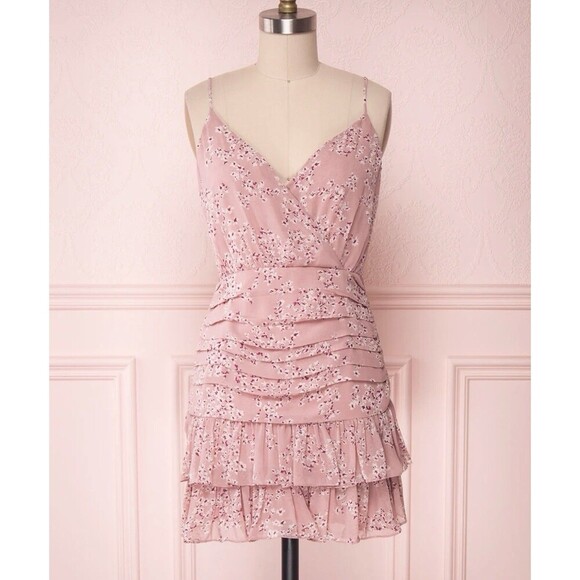 Pookie & Sebastian Pink Floral Tiered Ruffle Dress Crossover Front Mini Size S - Picture 1 of 14